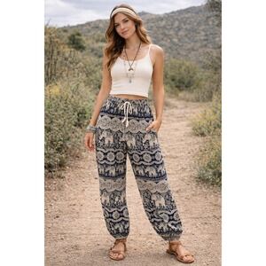 Bohemian Elephant Print Harem Pants Womens M Blue Stretch Waist Boho Casual